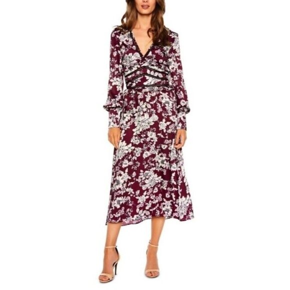 Bardot Dresses & Skirts - Bardot Womens Sz 6 Jolie Floral V Neck Midi Dress Burgundy & White Faux Wrap